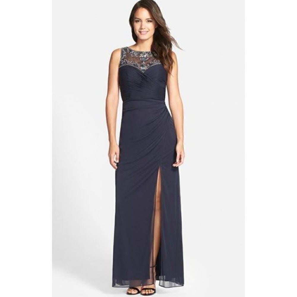PATRA beaded illusion full length evening dress with side slit sz 10